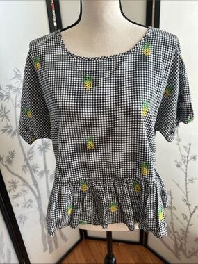 girl krazy Black & White Gingham Peplum Top with Yellow Pineapple Embroidery